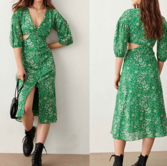 ba&sh Dresses & Skirts - Ba&sh Aria Green Floral Midi Cutout Dress Size 3 US Large New With Tags